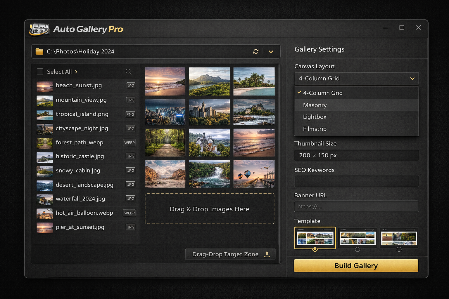 Auto Gallery Pro showing an image folder browser on the left and the gallery settings panel on the right with layout template picker and SEO tools